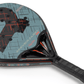 Close-up of a blue, black and red Royal Padel racket with 'Aniversario' branding on a white background