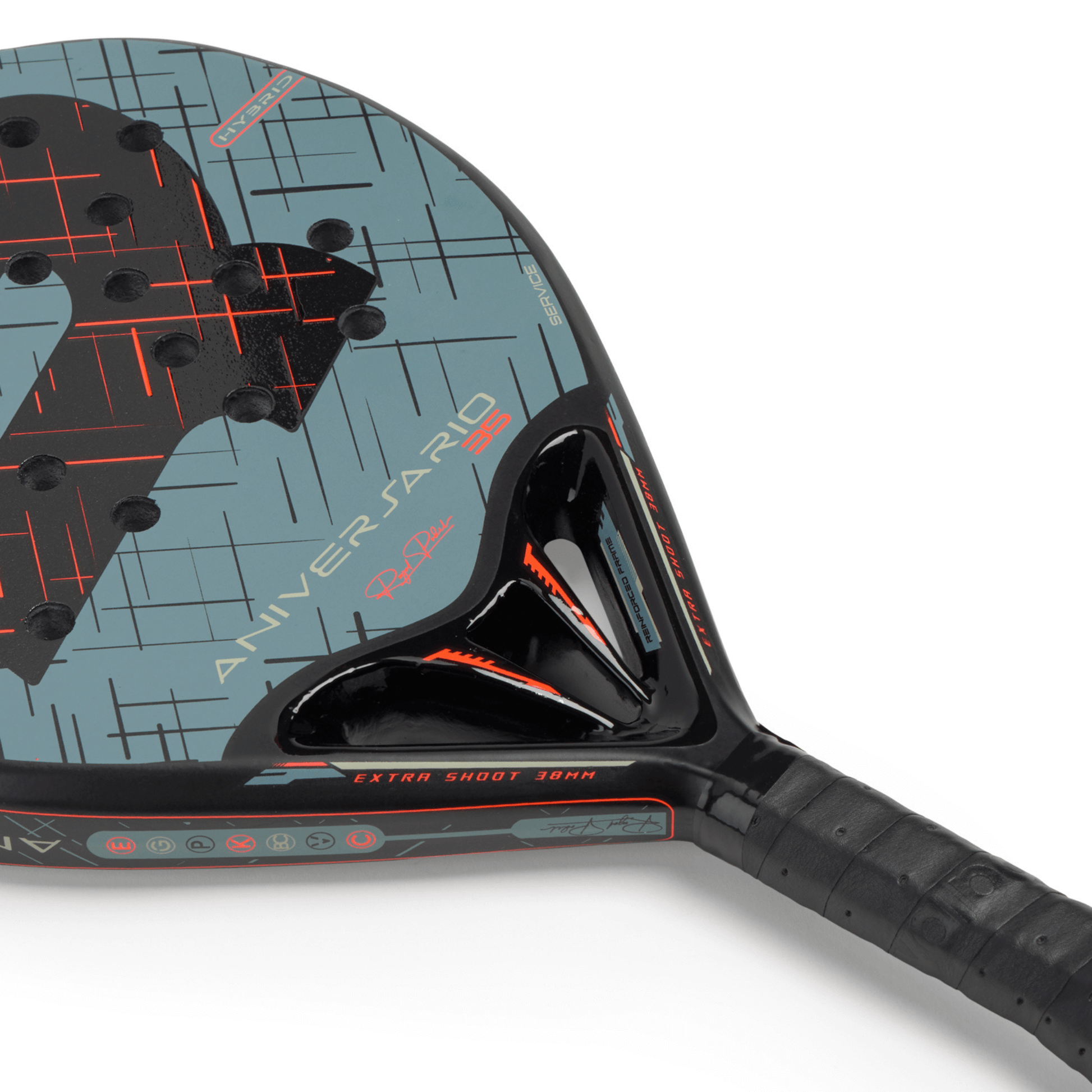 Close-up of a blue, black and red Royal Padel racket with 'Aniversario' branding on a white background