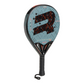 Paddle racket with Royal padel Anniversario Hybrid in pale blue and black with orange line design and branding  pictured from the side on a white background