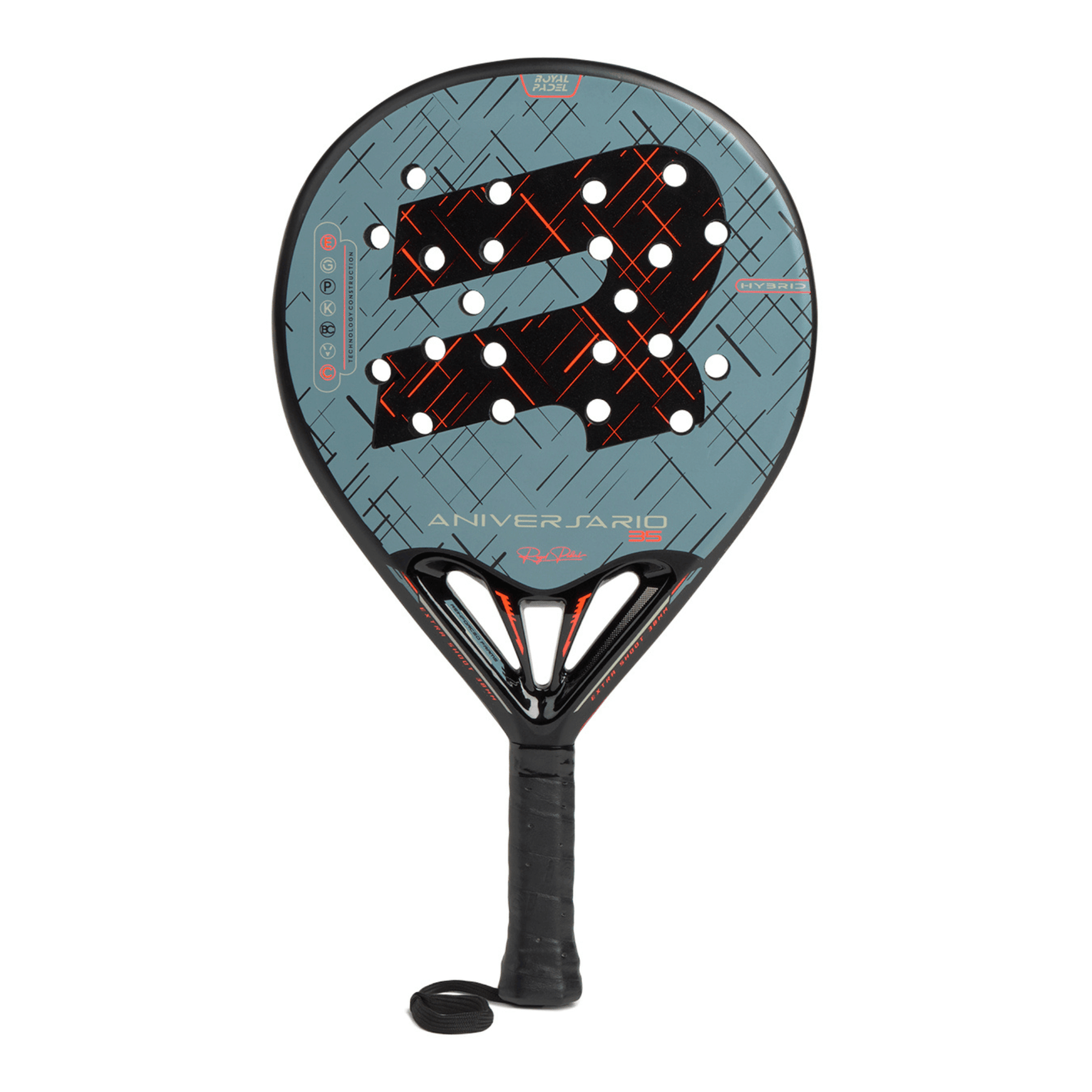 Padel tennis racket with Royal Padel Anniversario Hybrid branding in pale blue and black with orange line design on a white background