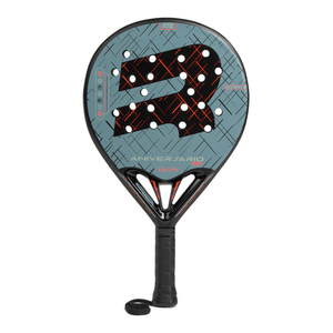 Padel tennis racket with Royal Padel Anniversario Hybrid branding in pale blue and black with orange line design on a white background