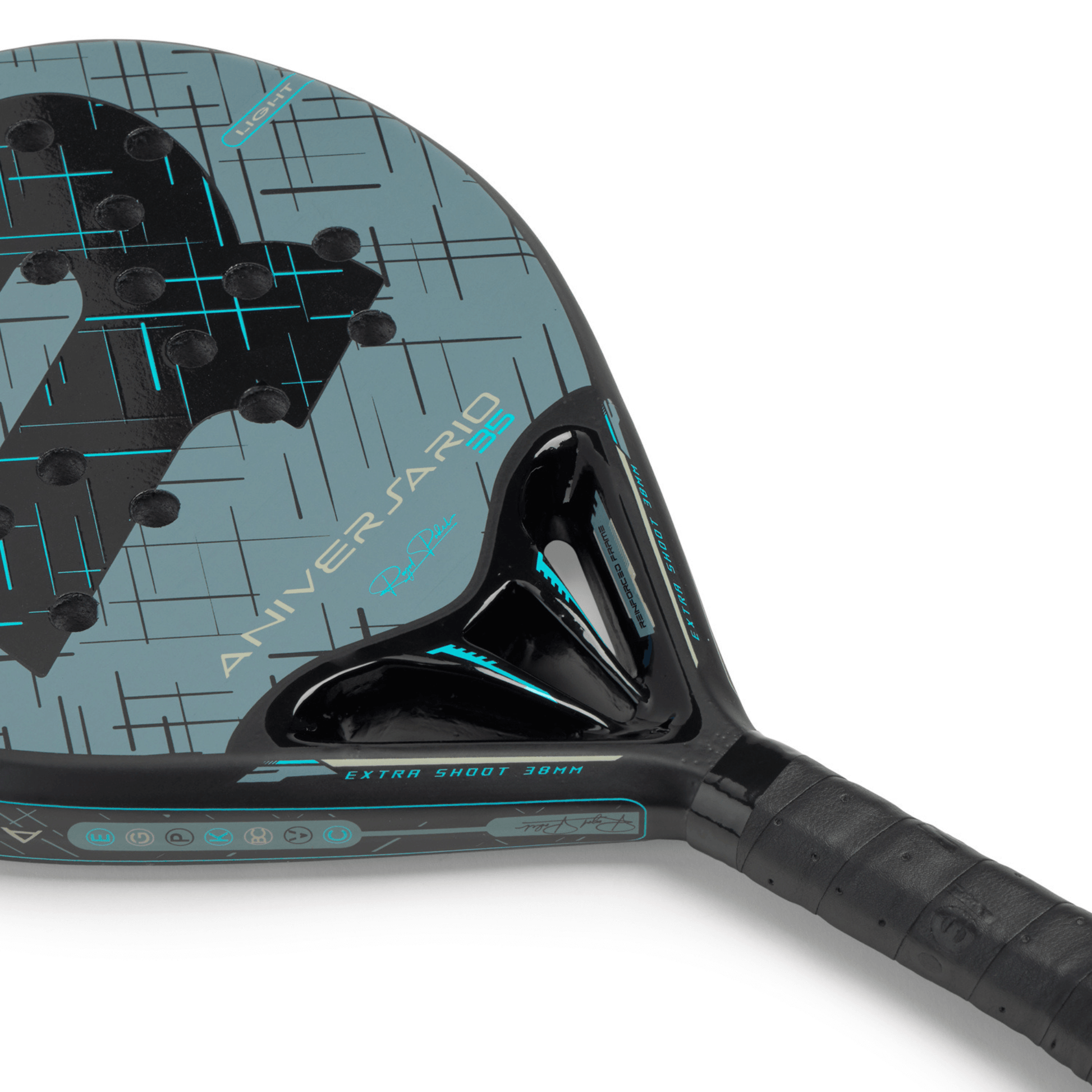 Close-up of a blue and black Royal Padel padel tennis racket with 'Aniversario' branding on a white background