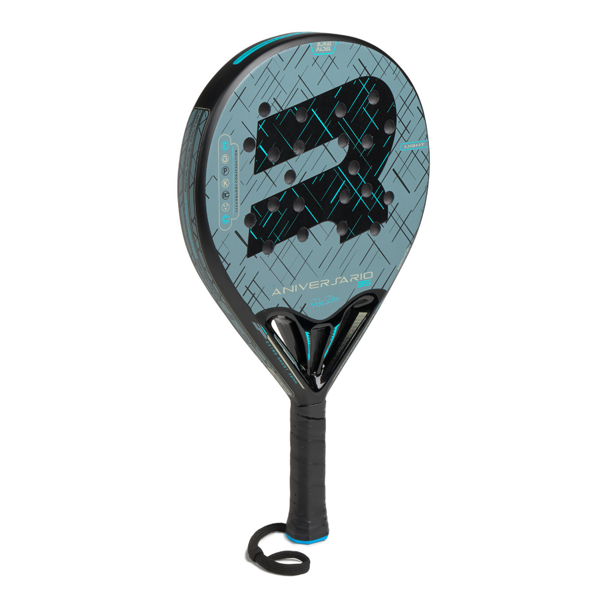 Royal Padel Annivsrsario pale blue and black Padel with with brand logo on a white background from side