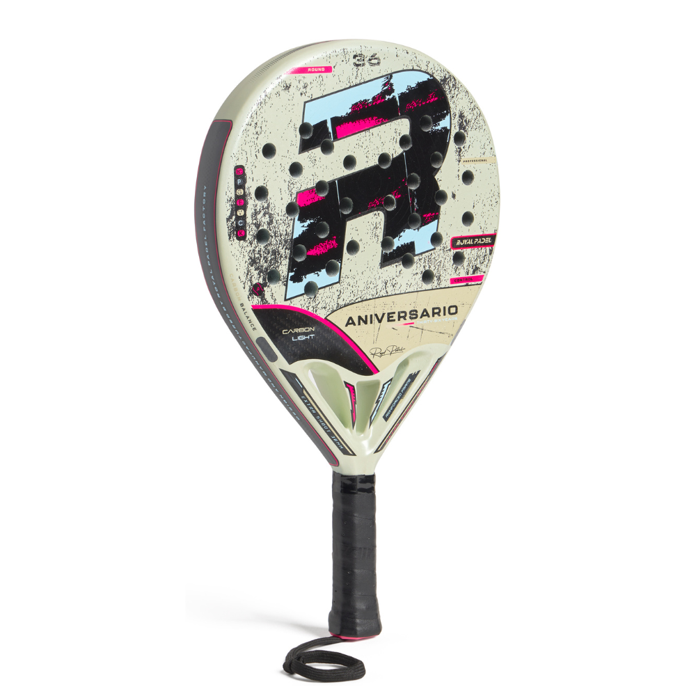 A cream Royal Padel Anniversario Light padel racket with black and pink branding on a white background.