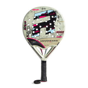 A cream Royal Padel Anniversario Light padel racket with black and pink branding on a white background.