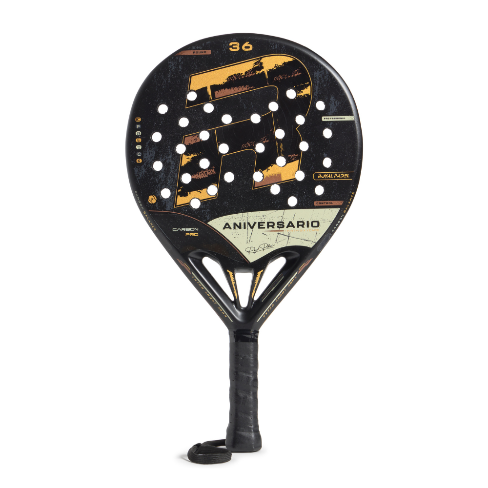 Black and gold Royal Padel Anniversario padel racket on a white background.