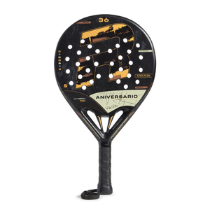 Black and gold Royal Padel Anniversario padel racket on a white background.