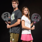 A man and woman holding the 2026 Royal Padel M27 padel racket range on a black background.