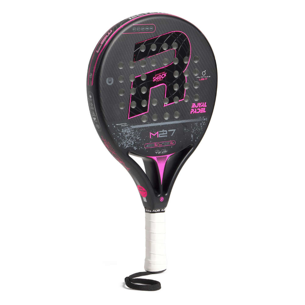A black Royal Padel M27 padel racket with pink branding on a white background.