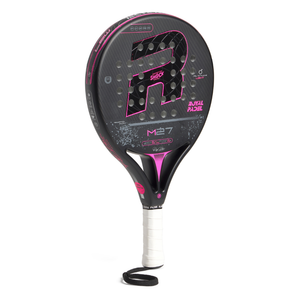 A black Royal Padel M27 padel racket with pink branding on a white background.