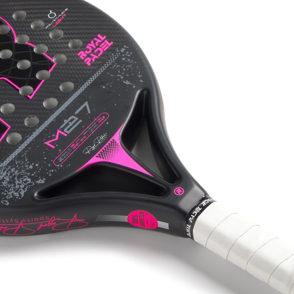 Close up of a black Royal Padel M27 padel racket with pink branding on a white background.