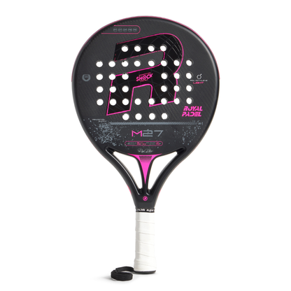 A black Royal Padel M27 padel racket with pink branding on a white background.