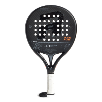 A black Royal Padel padel racket with orange branding on a white background.
