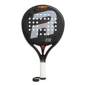 Black limited edition Royal Padel racket with orange and grey detail on a white background.