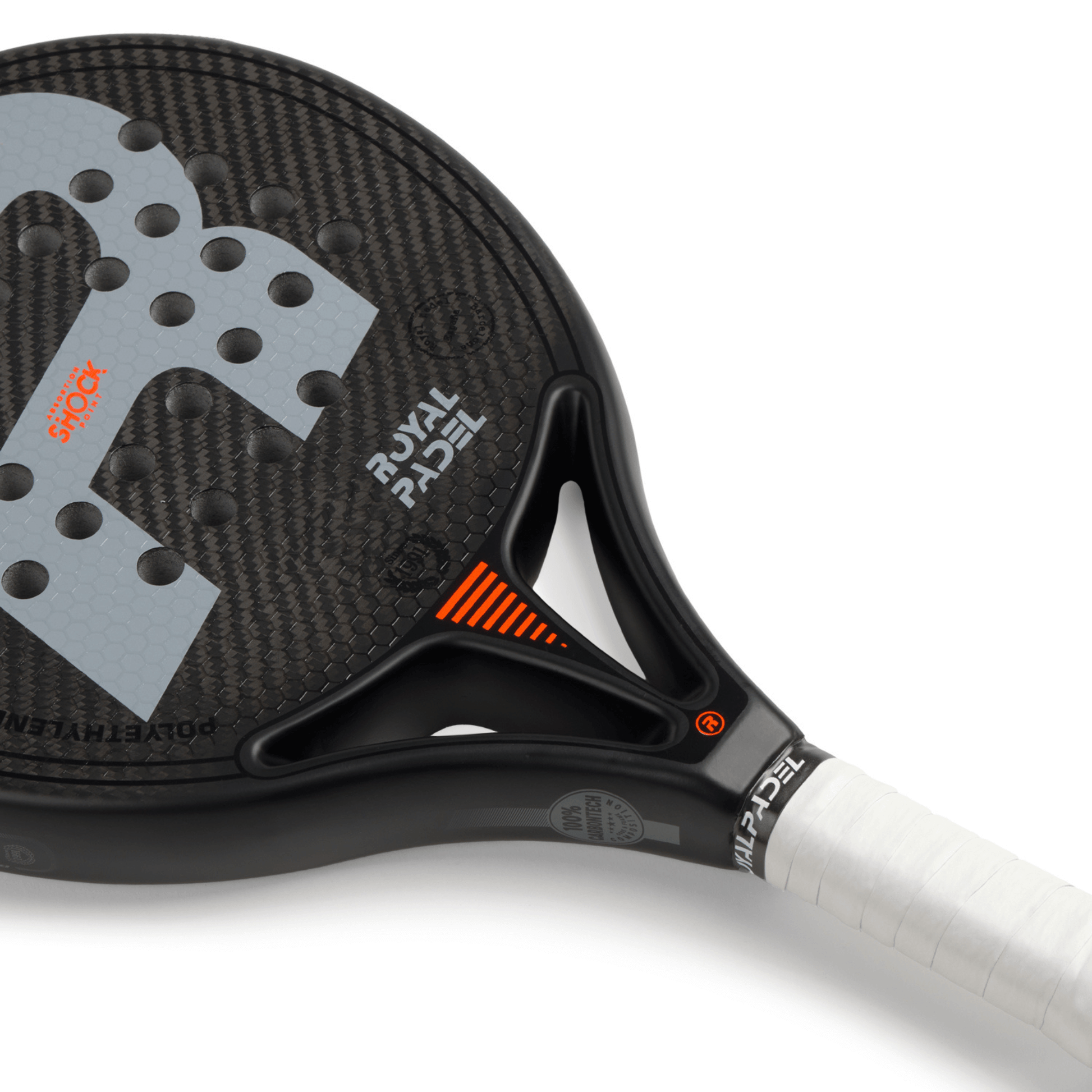Close-up of a black, grey and orange Royal Padel padel tennis racket on a white background