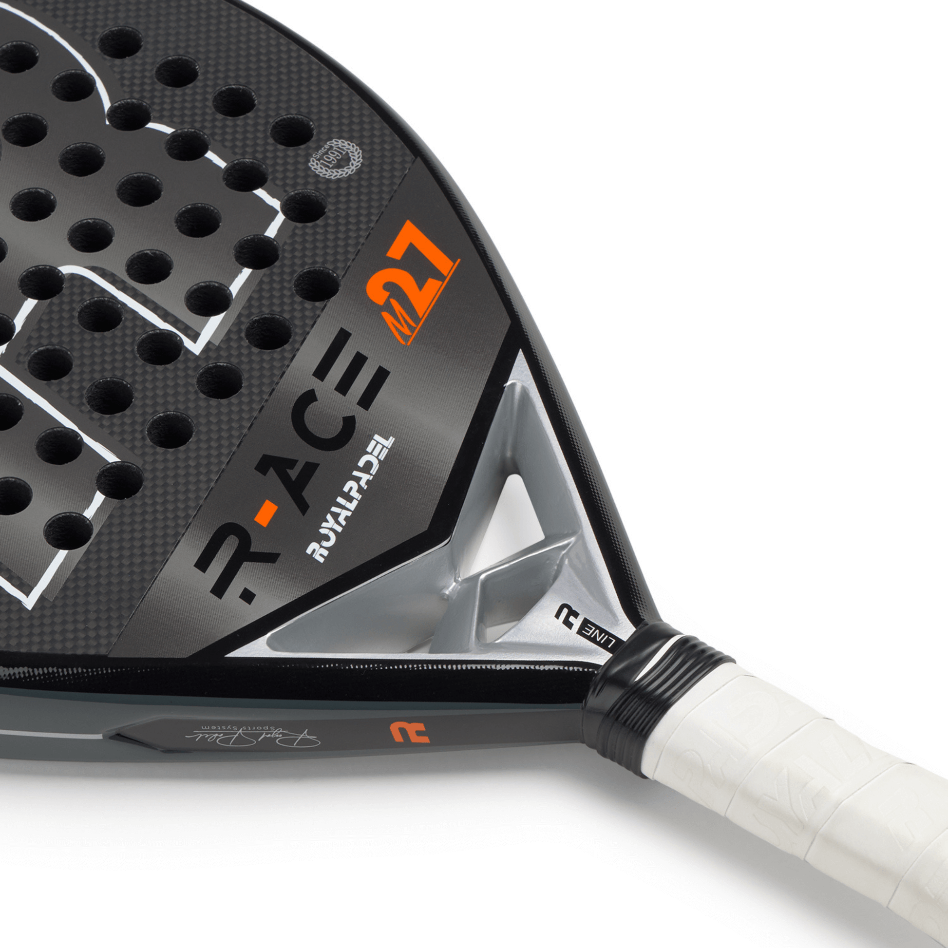 Close-up of a Royal Padel R-Ace padel racket with visible branding on a white background