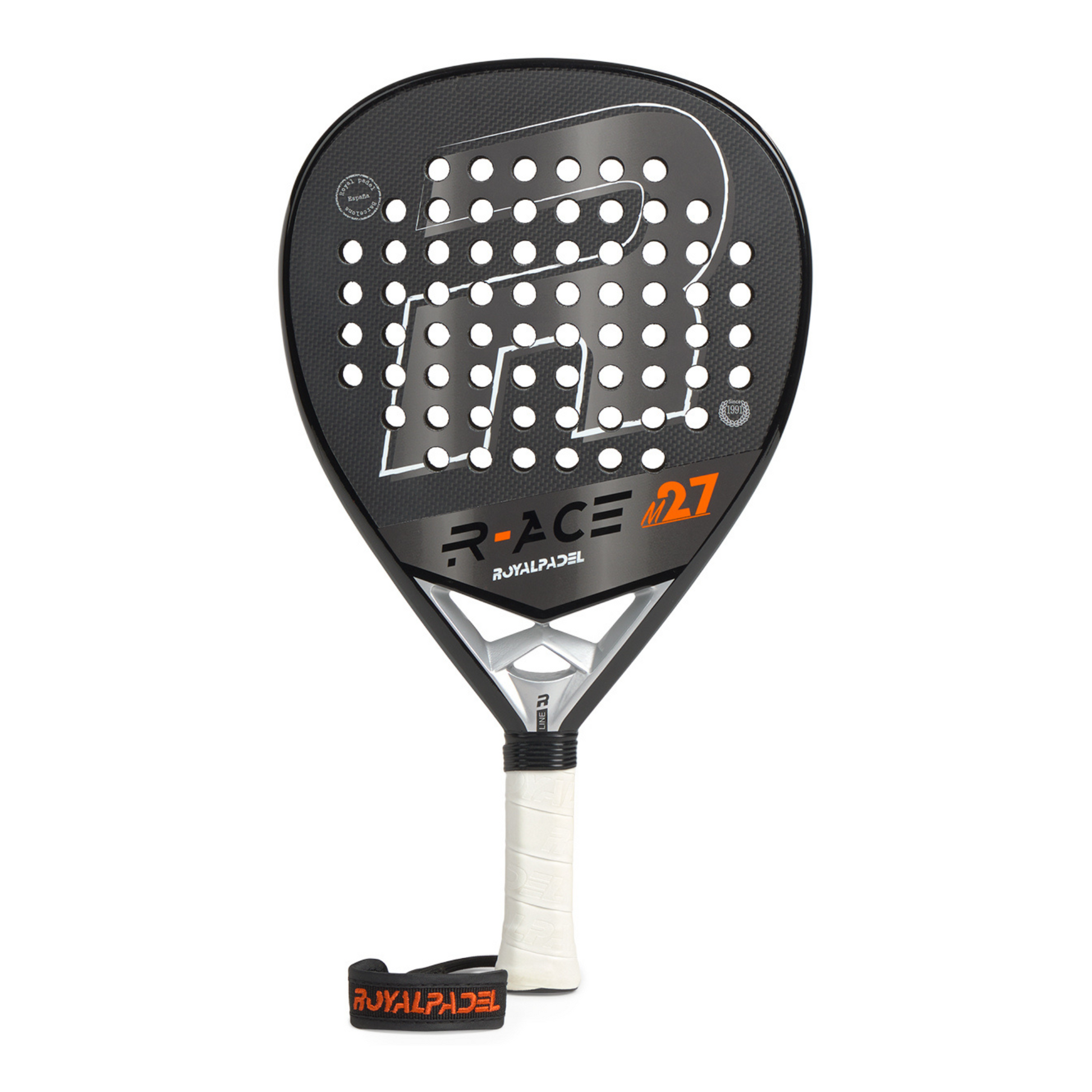 Black Padel racket with Royal Padel R-Ace brand logo on a white background