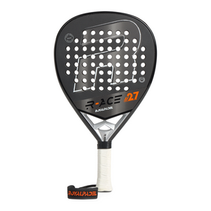 Black Padel racket with Royal Padel R-Ace brand logo on a white background
