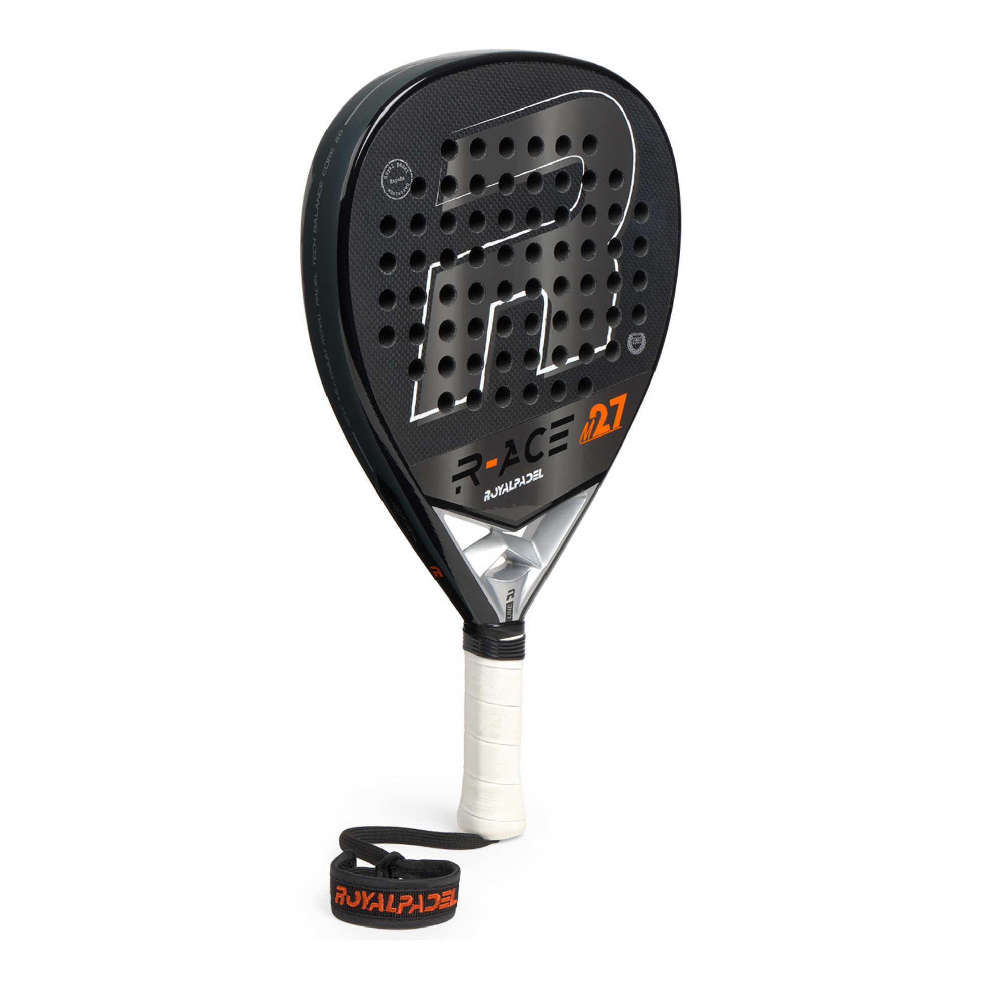 Black padel racket with white handle with royal padel r ace brand logo on a white background