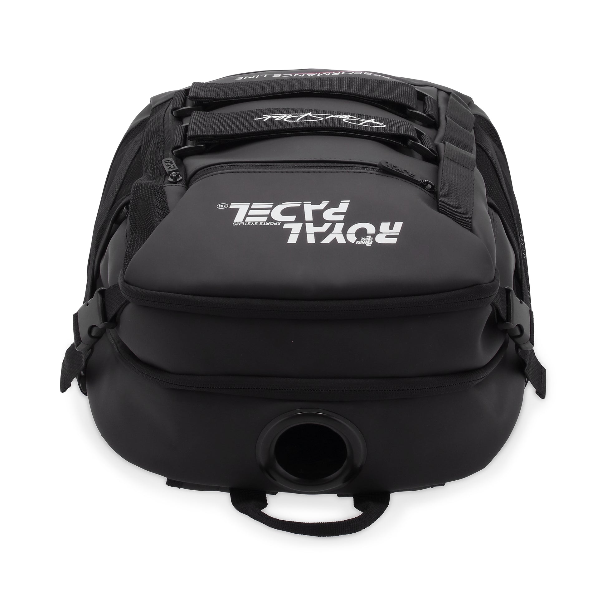 Black backpack with 'Royal Padel'  branding on a white background pictured from top