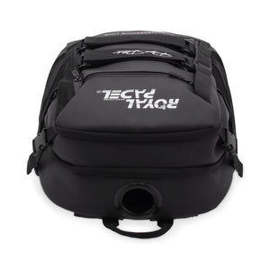Black backpack with 'Royal Padel'  branding on a white background pictured from top
