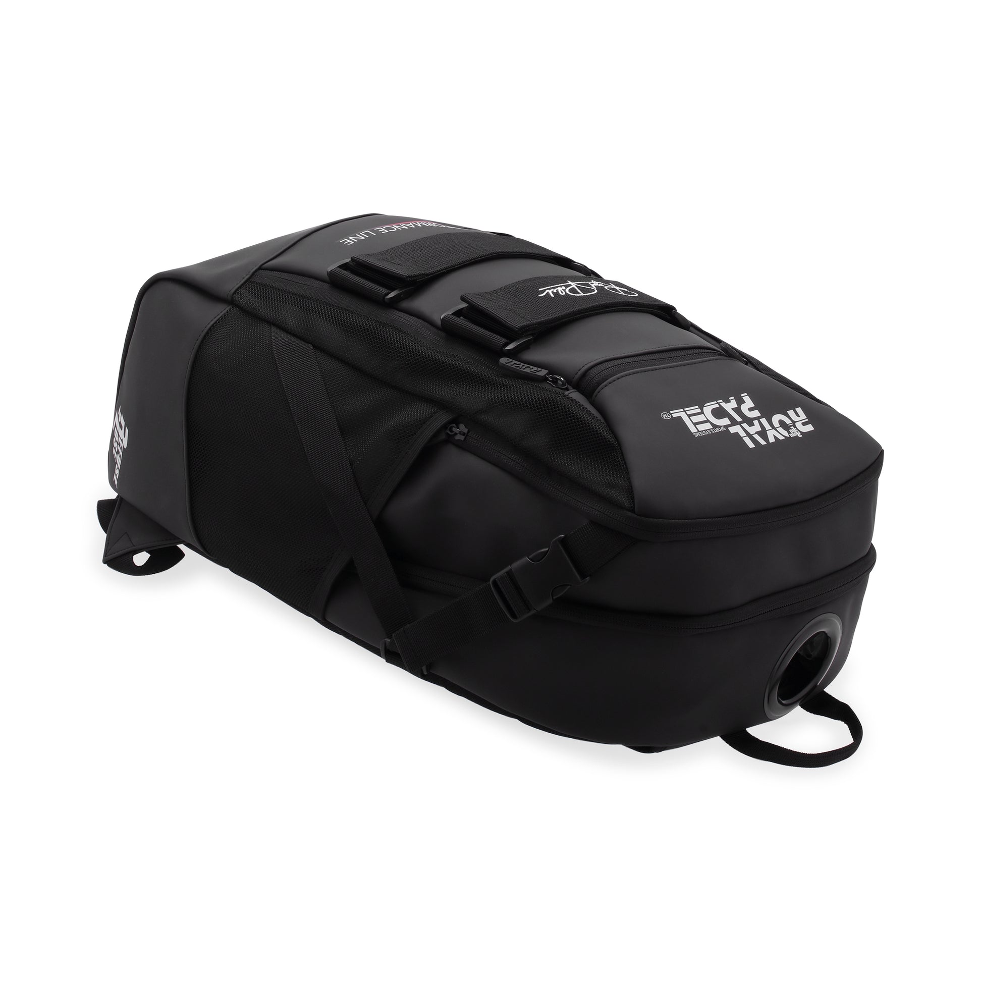 Black backpack with 'Royal Padel'  branding on a white background pictured from right side