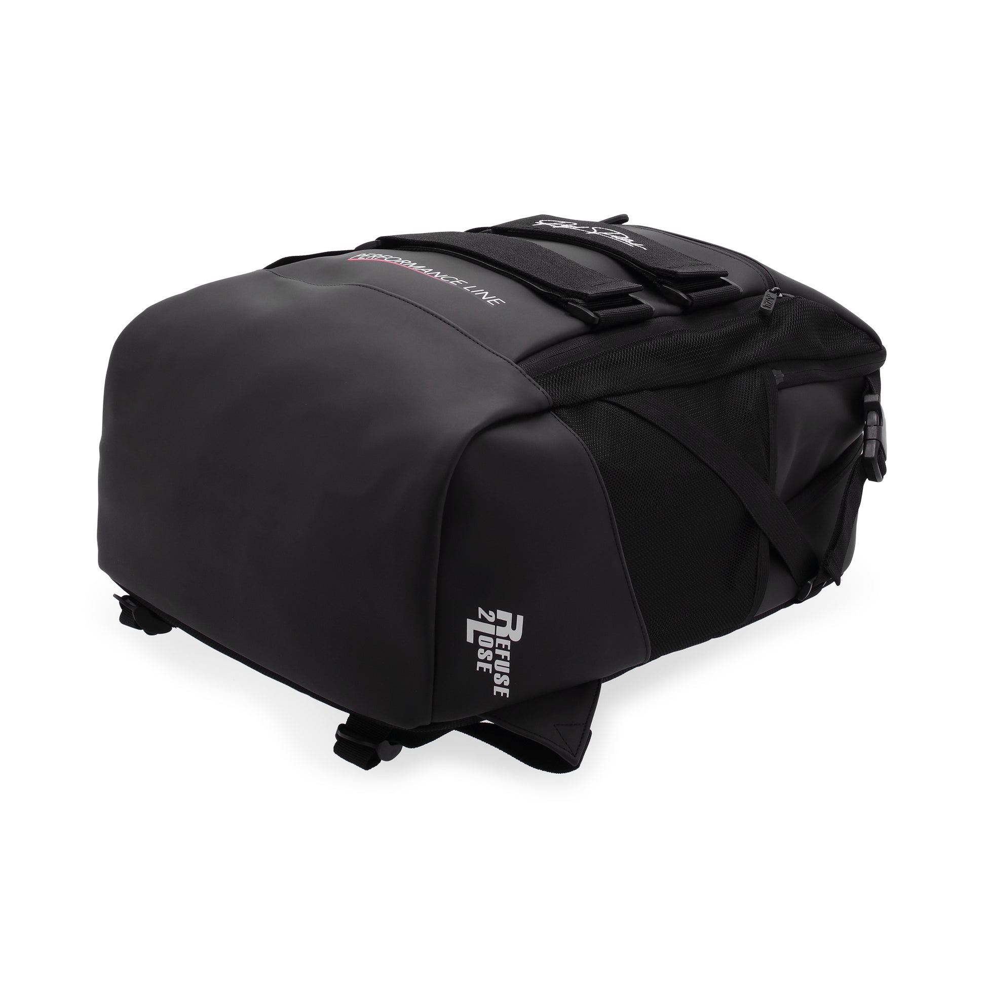 Black backpack with 'Royal Padel'  branding on a white background pictured from underneath