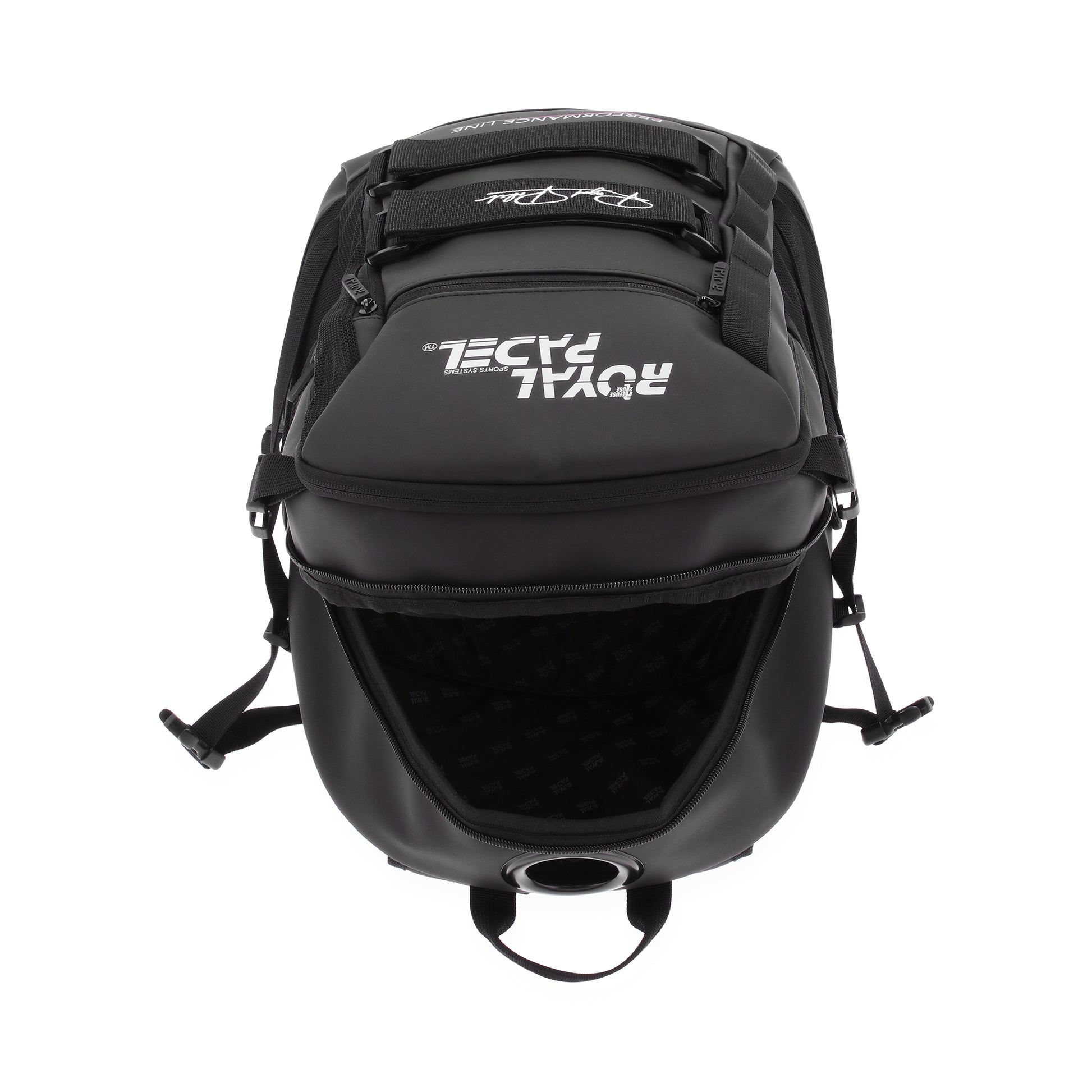 Black backpack with 'Royal Padel'  branding on a white background pictured open at top