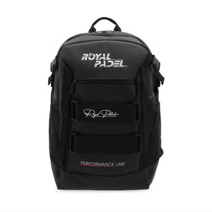 Black backpack with 'Royal Padel' Performance Line branding on a white background