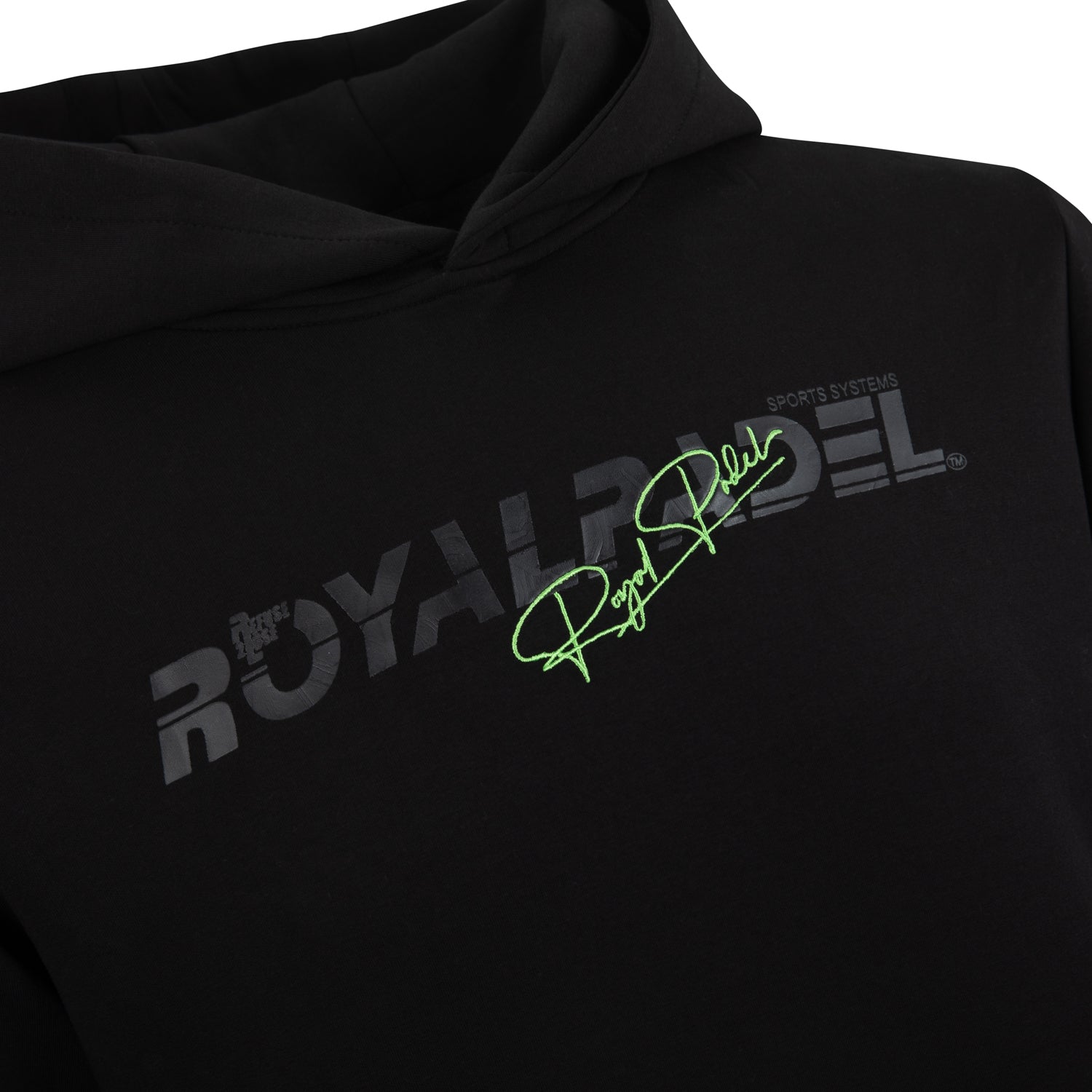 Black hoodie with 'Royal Padel' branding in grey and green on a white background