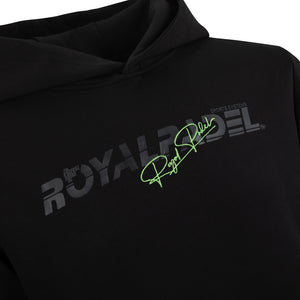 Black hoodie with 'Royal Padel' branding in grey and green on a white background