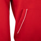 Close-up of a red Royal Paddle Hoodie showing white piping detail on pocket.