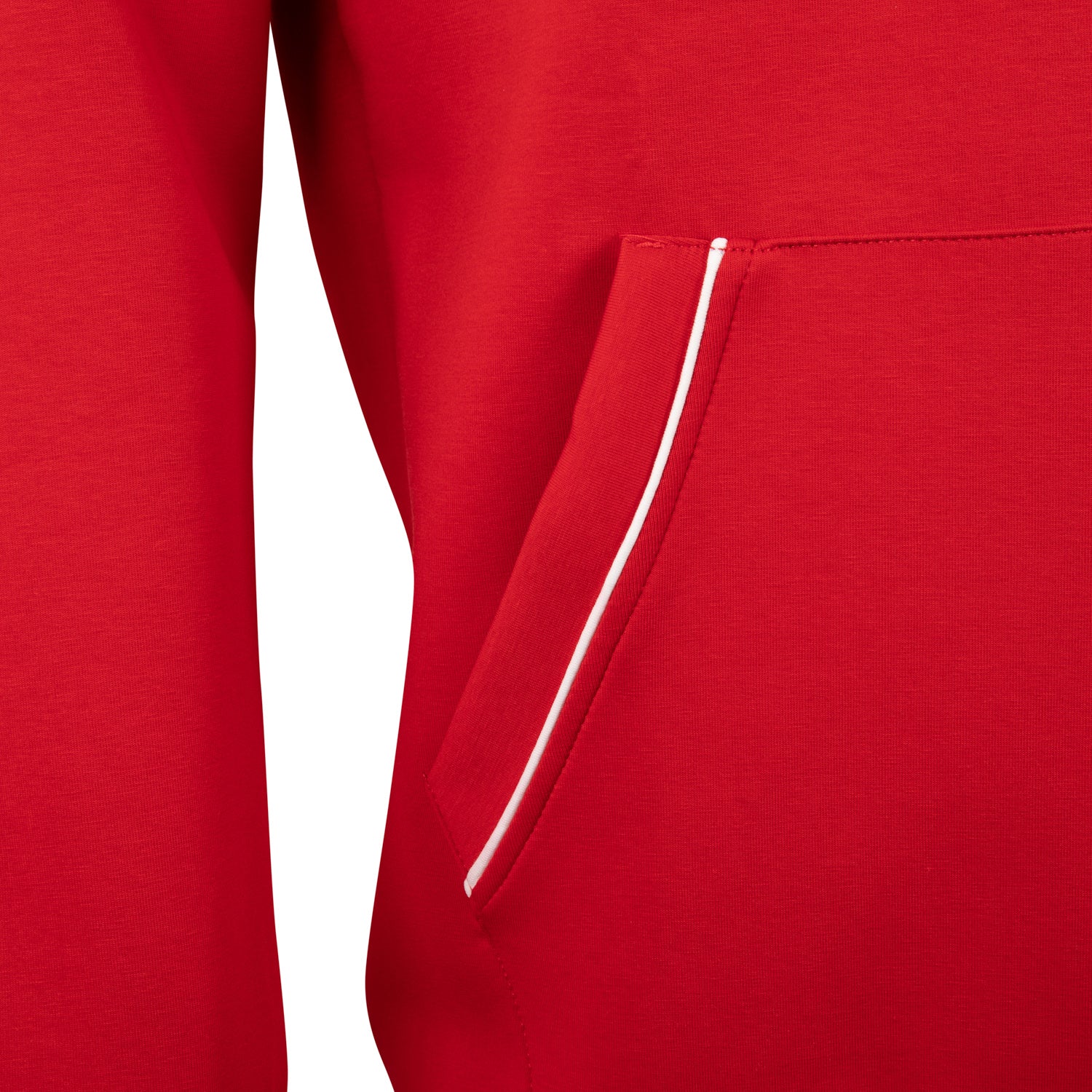 Close-up of a red Royal Paddle Hoodie showing white piping detail on pocket.