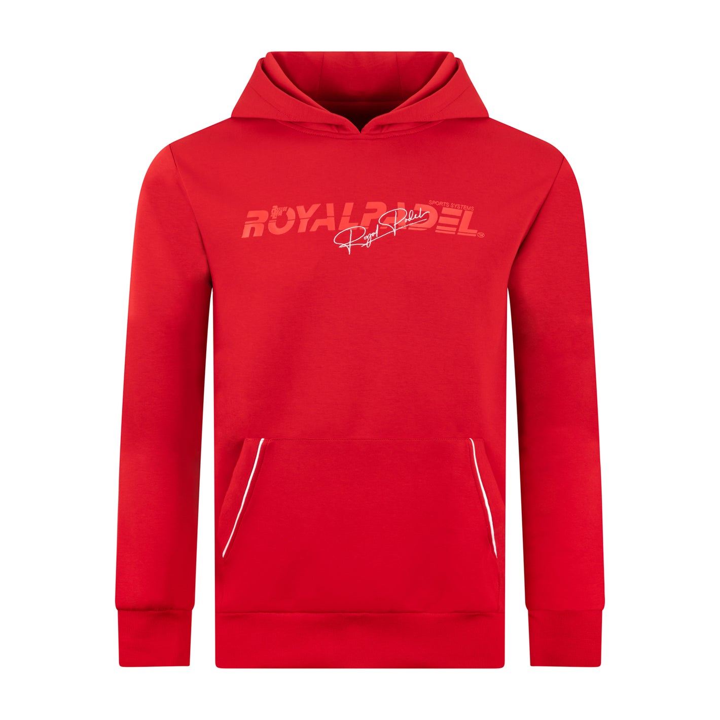 Royal Padel red hoodie with white logo branding on a white background