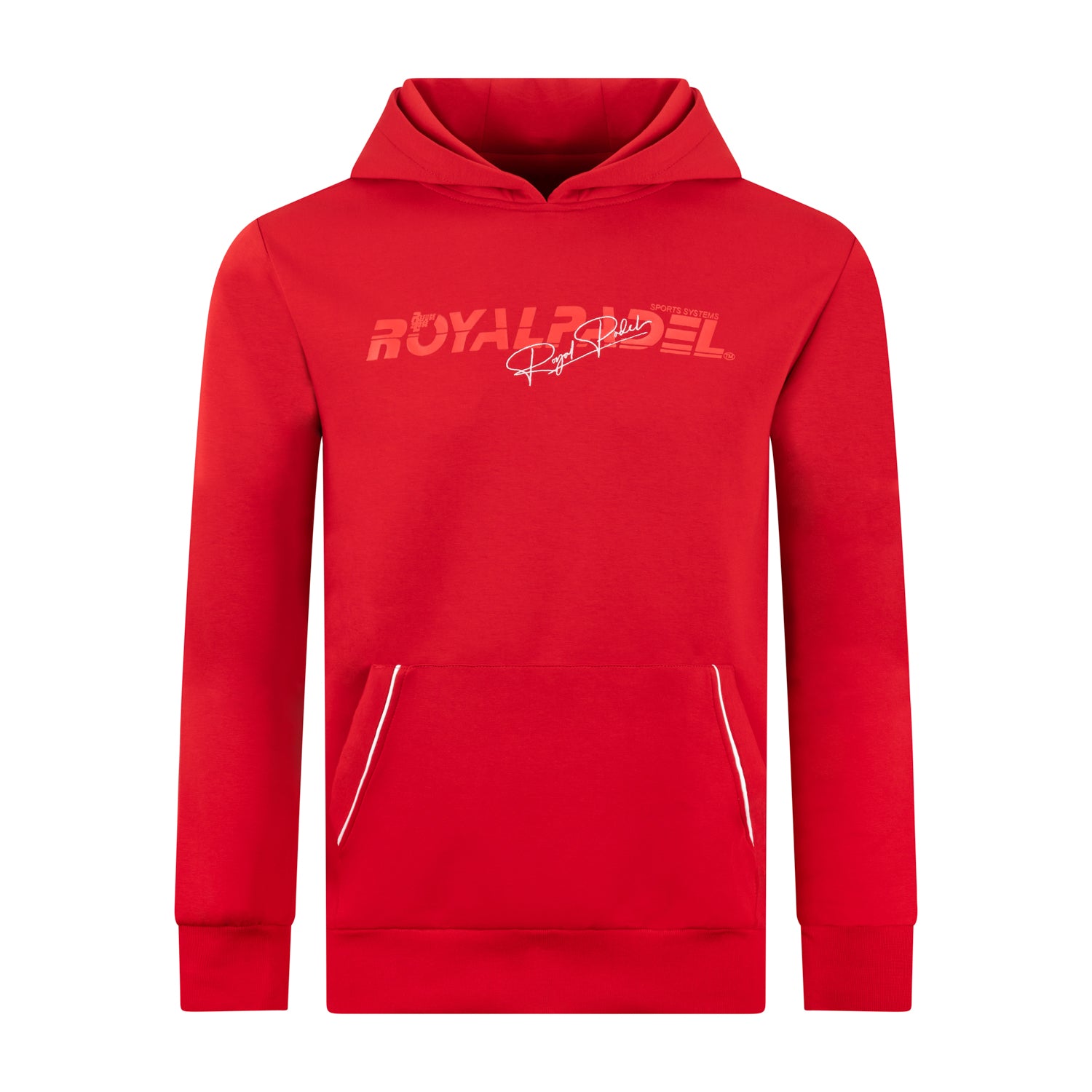 Royal Padel red hoodie with white logo branding on a white background