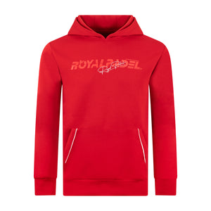 Royal Padel red hoodie with white logo branding on a white background