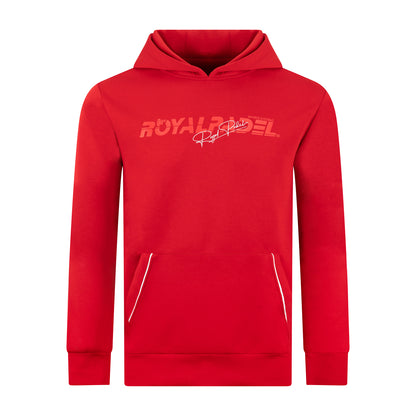 Royal Padel red hoodie with white logo branding on a white background