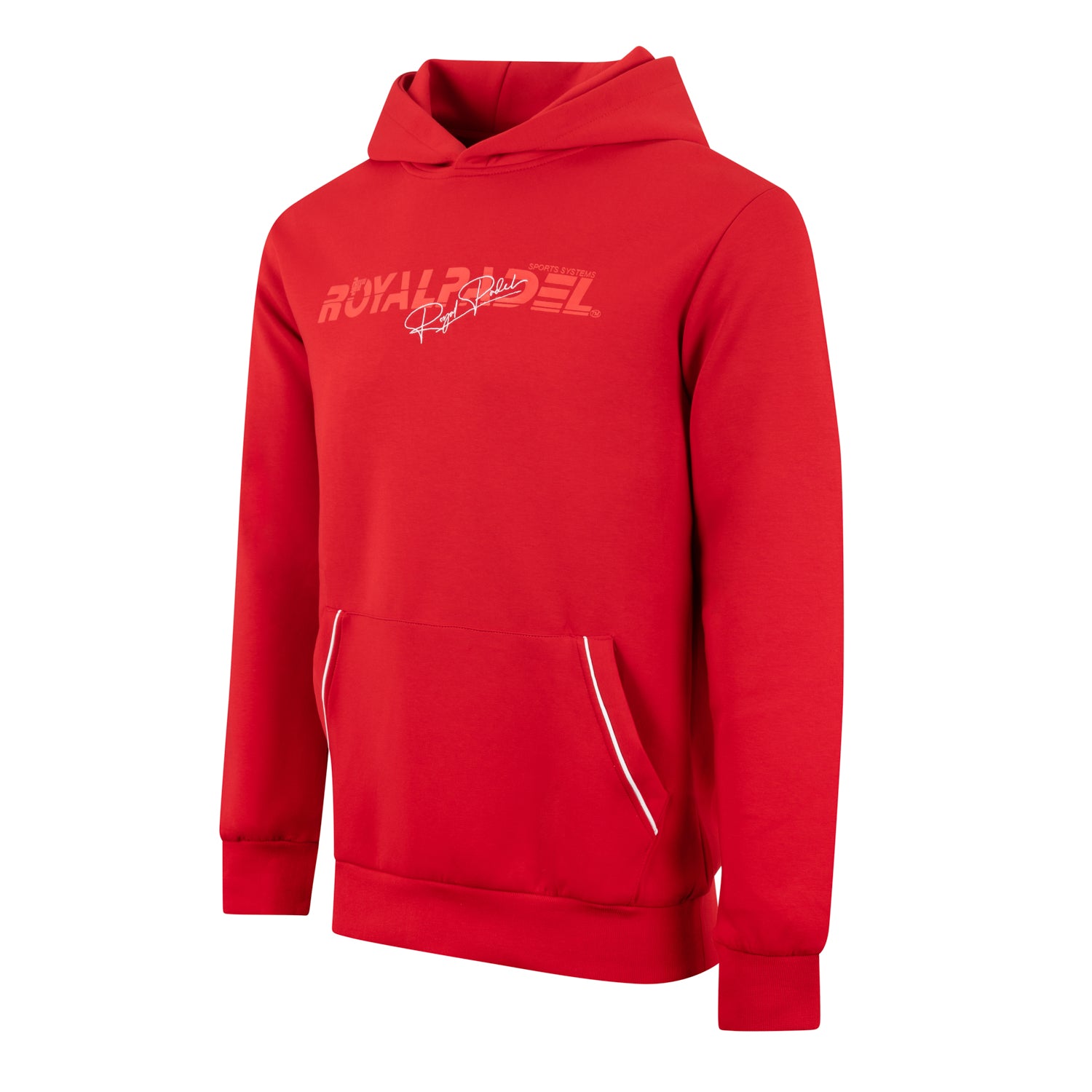 Red Royal Paddle women's hoodie with white accents and Royal Padel logo in red and white, white detail on pockets