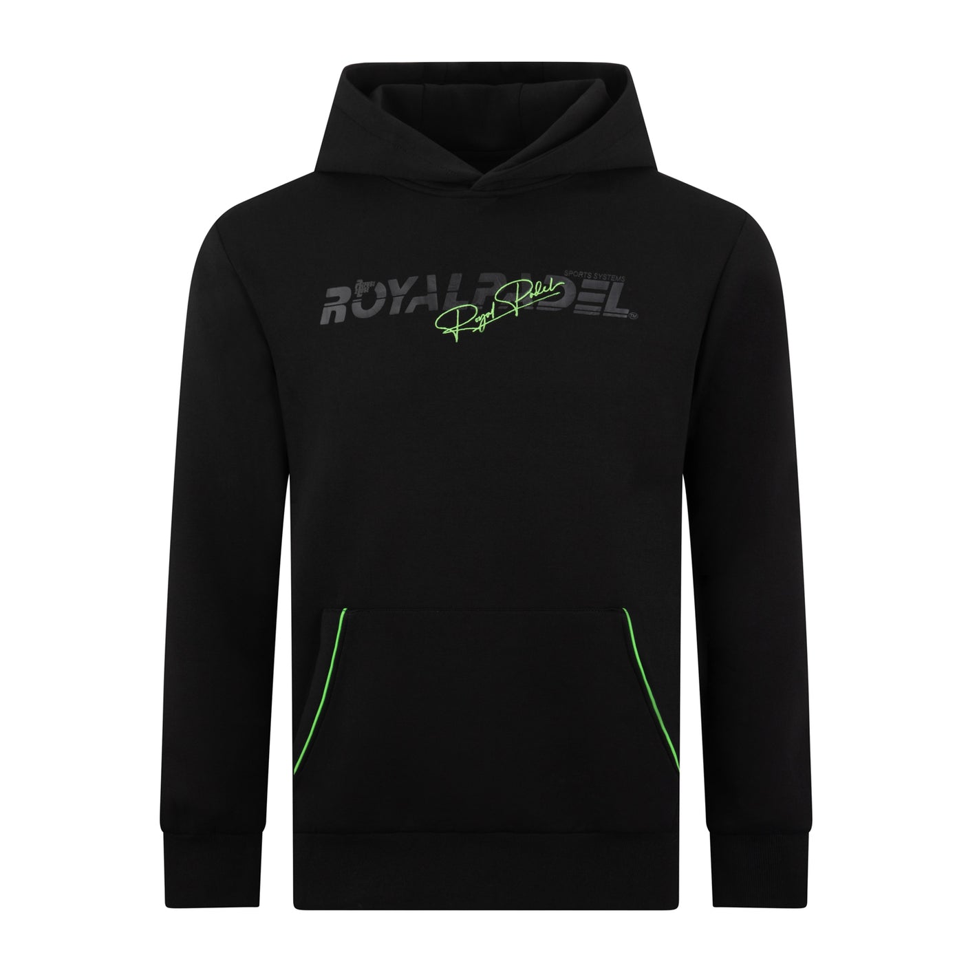 Royal Padel black hoodie with green logo branding on a white background