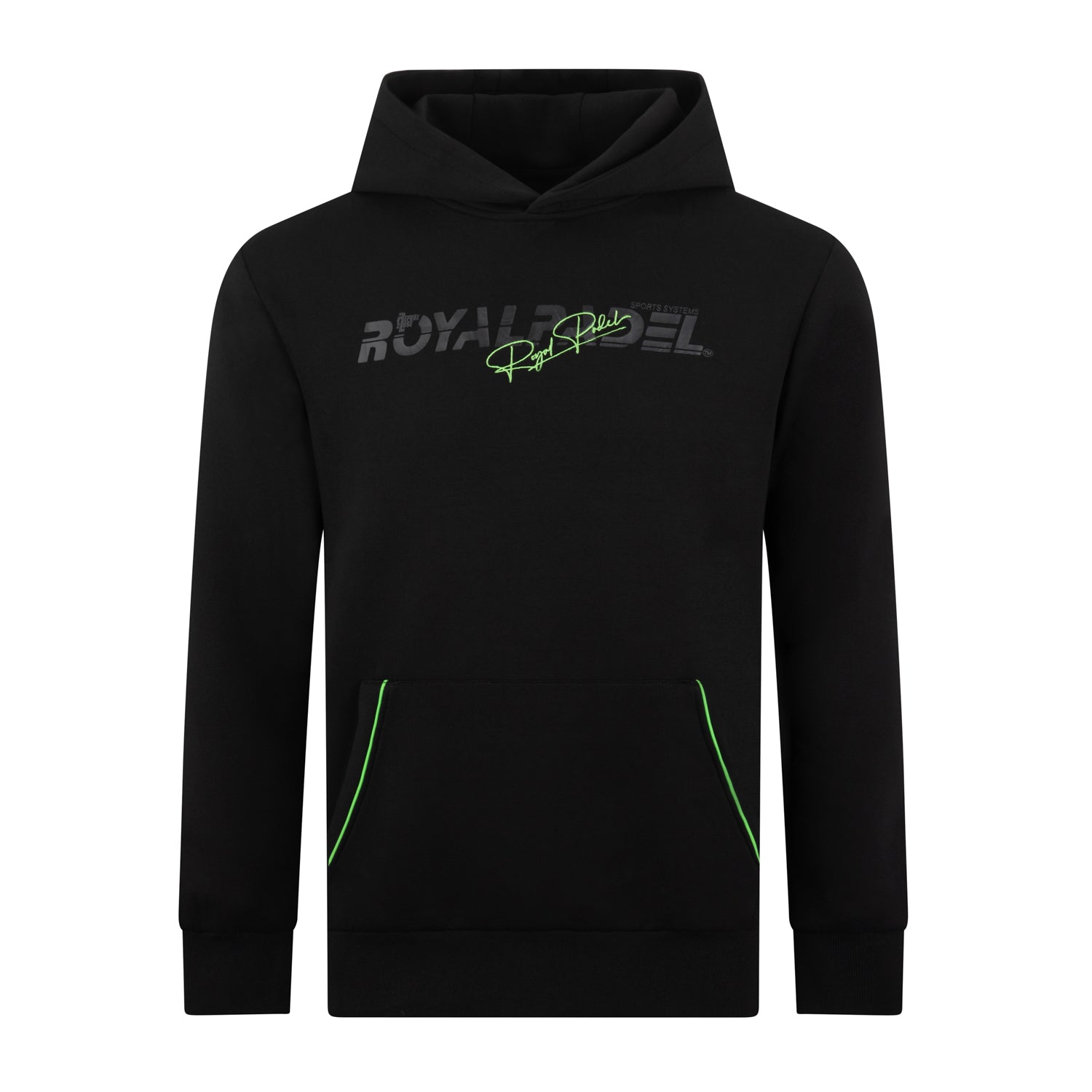 Royal Padel black hoodie with green logo branding on a white background