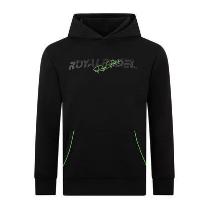 Royal Padel black hoodie with green logo branding on a white background