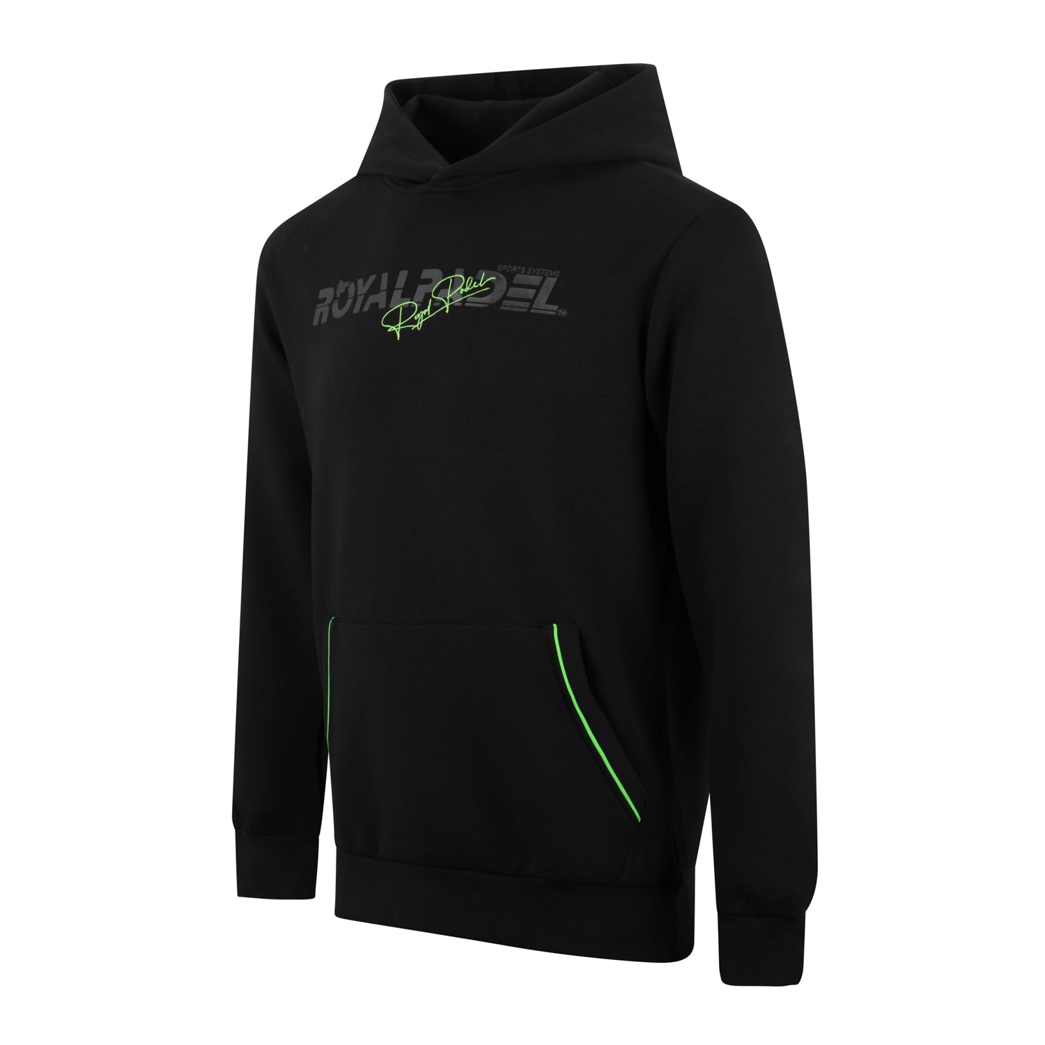 Black Royal Paddle Men’s hoodie with green accents and Royal Padel logo  with green detail on pockets