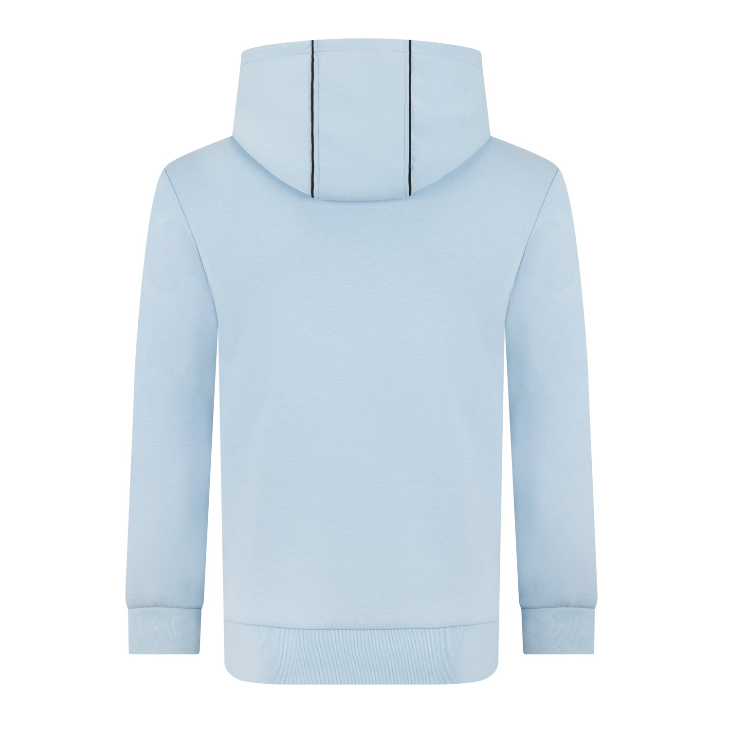 Back view of Light blue Royal Padel hoodie with black line detail on hood on white