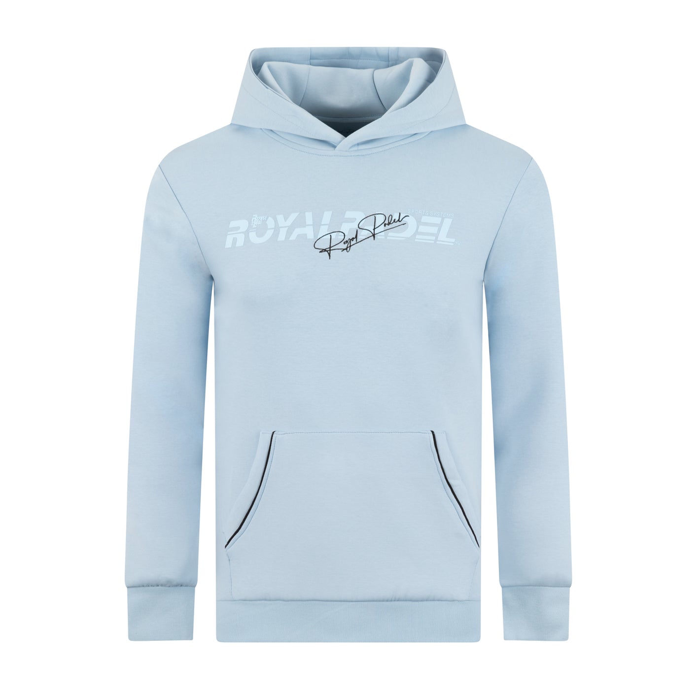 Light blue hoodie with Royal Padel branding on a white background
