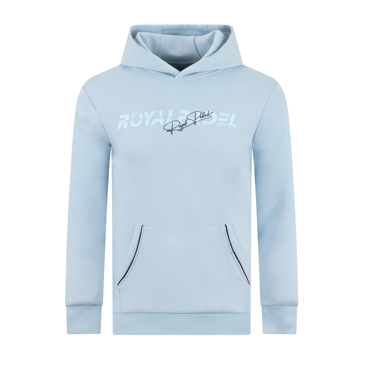 Light blue hoodie with Royal Padel branding on a white background