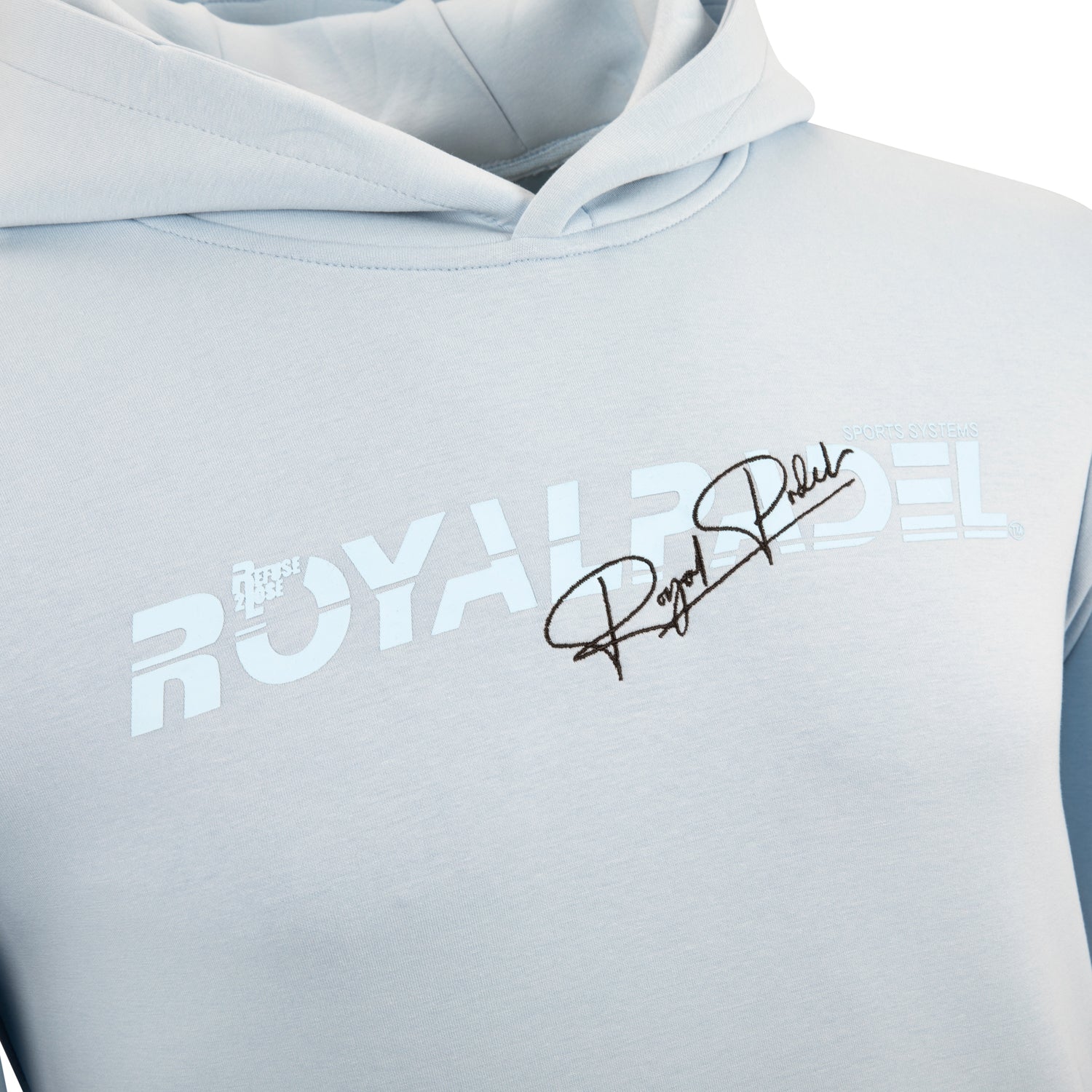Close-Up of Light blue hoodie with Royal Padel branding on a white background
