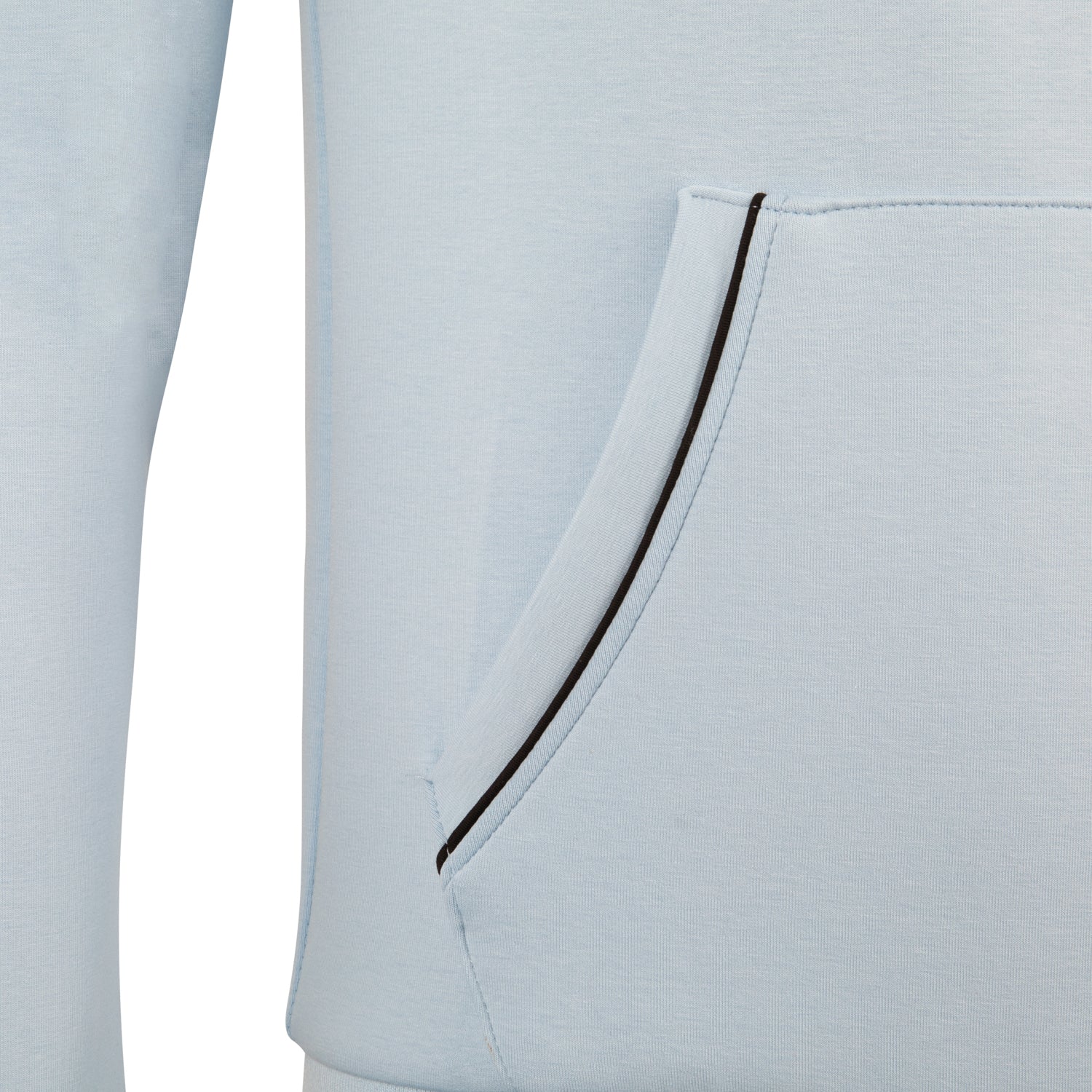 Light Blue Royal Padel blue hoodie close up of pocket detail with black trim