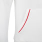 Close-up of a white Royal Paddle Hoodie showing red piping detail on pocket.
