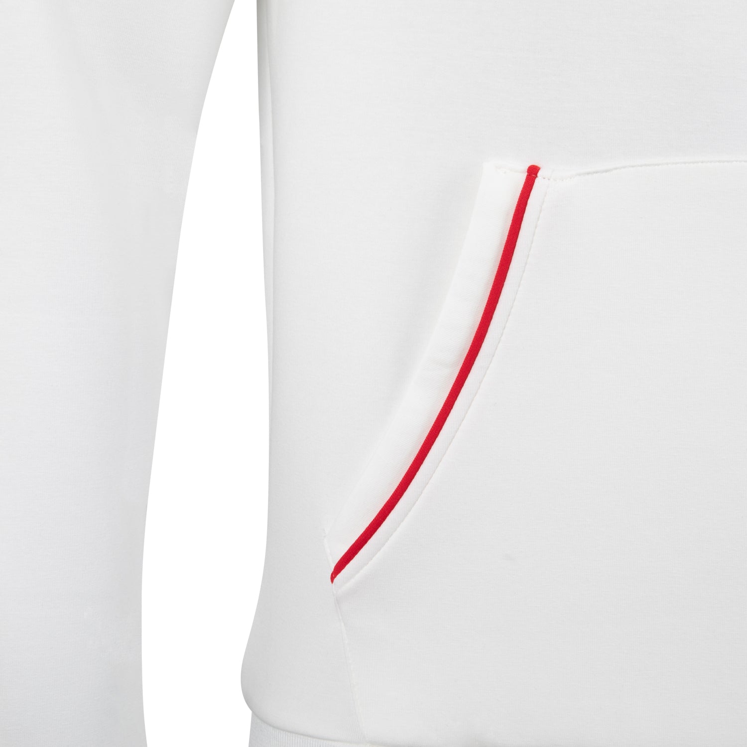 Close-up of a white Royal Paddle Hoodie showing red piping detail on pocket.
