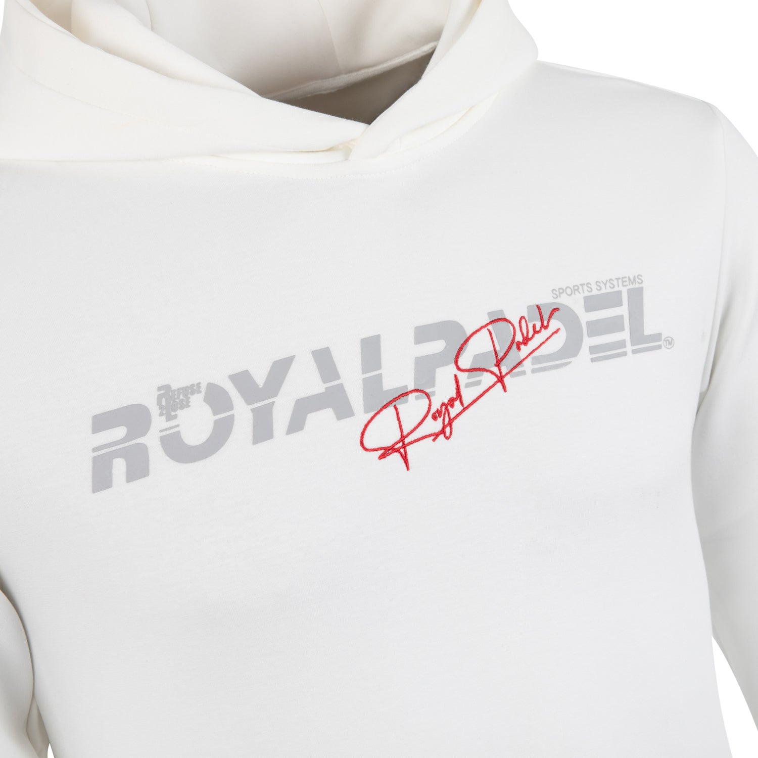 White hoodie with 'Royal Padel' branding in grey and red  on a white background